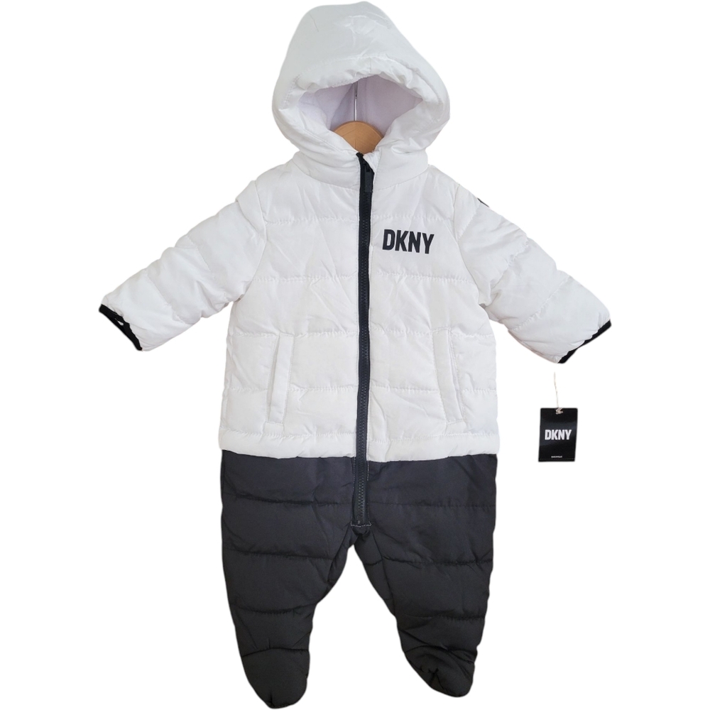 NWT DKNY Pram Snowsuit Unisex 3/6 Months Black White Zip Up Hooded Fleece Lined